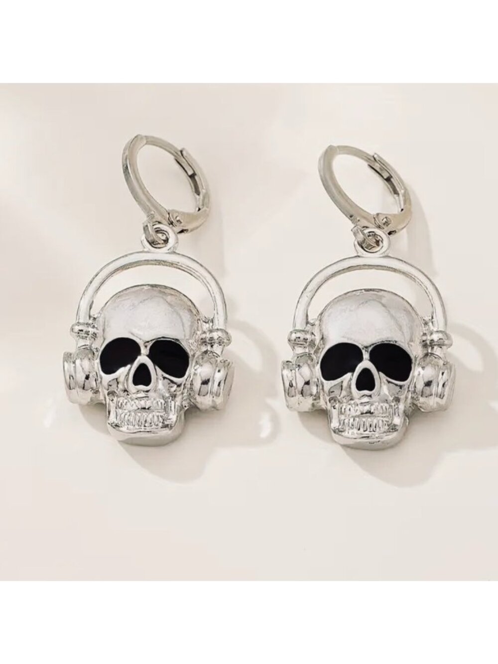 Skull Earrings With Headphones - Silver Tone Gothic Style Lightweight Punk-Inspi